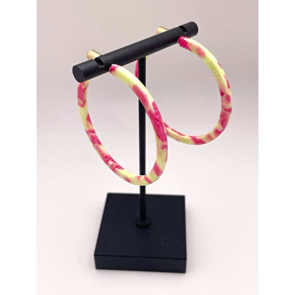 Tropical Bright Pink Yellow Resin Hoop Earrings Pierced